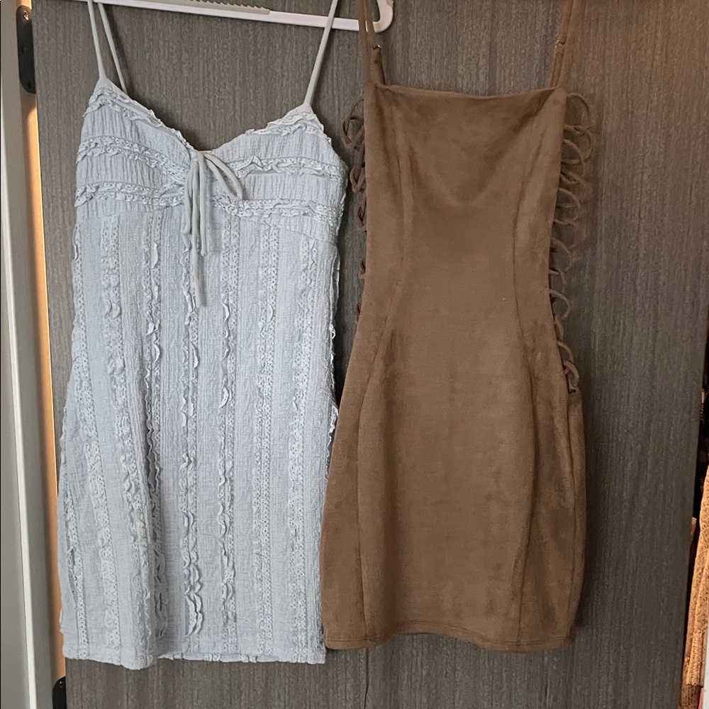 Windsor Lace and Suede Mini Dress Set - light blue and Brown